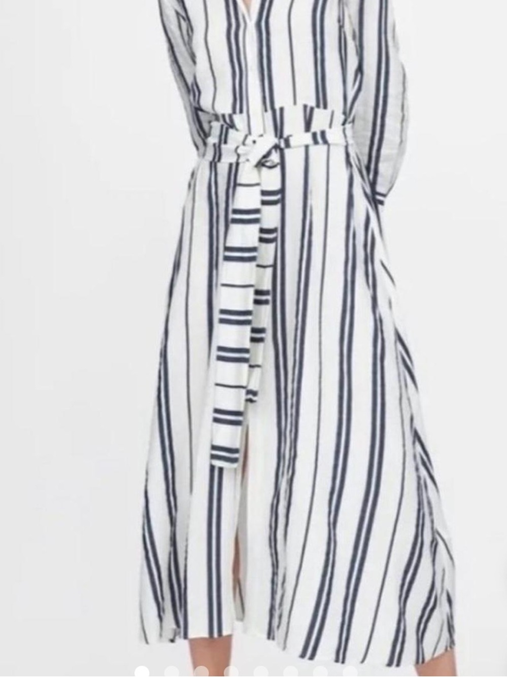 Zara White and Navy Vertical-Stripe Midi Shirt Dress with Tie Waist